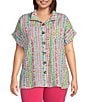 Color:Fuchsia Print - Image 1 - Plus Size Fuchsia Print Wire Collar Short Sleeve Button Front Camp Shirt