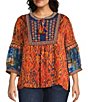 John Mark Plus Size Geometric Boho Spice Marble Print Embroidered Tassel Tie Split Neck 3/4 Sleeve Peasant Top, Color:Sprit - Image 1
