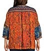 John Mark Plus Size Geometric Boho Spice Marble Print Embroidered Tassel Tie Split Neck 3/4 Sleeve Peasant Top, Color:Sprit - Image 2