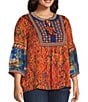 John Mark Plus Size Geometric Boho Spice Marble Print Embroidered Tassel Tie Split Neck 3/4 Sleeve Peasant Top, Color:Sprit - Image 3