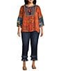 John Mark Plus Size Geometric Boho Spice Marble Print Embroidered Tassel Tie Split Neck 3/4 Sleeve Peasant Top, Color:Sprit - Image 5