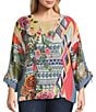 John Mark Plus Size Geometric Floral Border Print Wool Blend Scoop Neck 3/4 Cinched Tie Sleeve Tunic, Color:Multi - Image 1