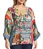 John Mark Plus Size Geometric Floral Border Print Wool Blend Scoop Neck 3/4 Cinched Tie Sleeve Tunic, Color:Multi - Image 3
