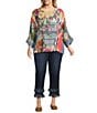 John Mark Plus Size Geometric Floral Border Print Wool Blend Scoop Neck 3/4 Cinched Tie Sleeve Tunic, Color:Multi - Image 5