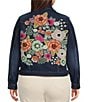 Color:Medium Denim - Image 2 - Plus Size Hand Stitch Floral Embroidered Point Collar Long Sleeve Chest Flap Pocket Button Front Denim Jacket