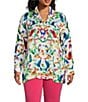 Color:Multiple - Image 1 - Plus Size Humming Bird Print Wire Collar Roll-Tab Sleeve Button Front Tunic