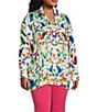 Color:Multiple - Image 3 - Plus Size Humming Bird Print Wire Collar Roll-Tab Sleeve Button Front Tunic
