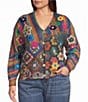 John Mark Plus Size Knit Allover Print V-Neck Long Sleeve Button Front Cardigan - Image 1