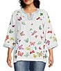 Color:White - Image 1 - Plus Size Linen Blend Butterfly Embroidery Split V-Neck 3/4 Sleeve Tunic