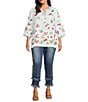 Color:White - Image 3 - Plus Size Linen Blend Butterfly Embroidery Split V-Neck 3/4 Sleeve Tunic