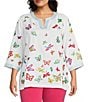 Color:White - Image 1 - Plus Size Linen Blend Butterfly Embroidery Split V-Neck 3/4 Sleeve Tunic