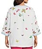 Color:White - Image 2 - Plus Size Linen Blend Butterfly Embroidery Split V-Neck 3/4 Sleeve Tunic
