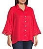 John Mark Plus Size Linen Wire Collar 3/4 Embroidered Eyelet Scallop Sleeve Button Front Shirt, Color:Vivid Red - Image 3