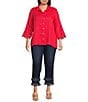 John Mark Plus Size Linen Wire Collar 3/4 Embroidered Eyelet Scallop Sleeve Button Front Shirt, Color:Vivid Red - Image 5