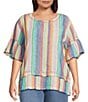 John Mark Plus Size Linen Yarn-Dye Stripe Scoop Neck Short Flounce Sleeve Top - Image 1