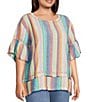 John Mark Plus Size Linen Yarn-Dye Stripe Scoop Neck Short Flounce Sleeve Top - Image 3