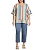 John Mark Plus Size Linen Yarn-Dye Stripe Scoop Neck Short Flounce Sleeve Top - Image 5