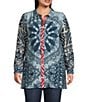John Mark Plus Size Medallion Abstract Print Point Collar Long Roll-Tab Sleeve Button-Front Tunic, Color:Blue Print - Image 1