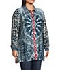 John Mark Plus Size Medallion Abstract Print Point Collar Long Roll-Tab Sleeve Button-Front Tunic, Color:Blue Print - Image 3