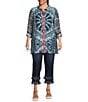 John Mark Plus Size Medallion Abstract Print Point Collar Long Roll-Tab Sleeve Button-Front Tunic, Color:Blue Print - Image 5