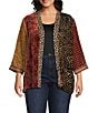 John Mark Plus Size Mix Burnout Rhinestone Detail Open Front 3/4 Sleeve Kimono, Color:Multi - Image 1