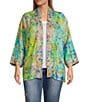 Color:Floral Multi - Image 1 - Plus Size Mixed Print Floral Embroidery Banded Neck 3/4 Cuffed Sleeve Open Front Woven Kimono