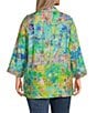 Color:Floral Multi - Image 2 - Plus Size Mixed Print Floral Embroidery Banded Neck 3/4 Cuffed Sleeve Open Front Woven Kimono
