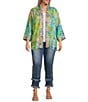 Color:Floral Multi - Image 3 - Plus Size Mixed Print Floral Embroidery Banded Neck 3/4 Cuffed Sleeve Open Front Woven Kimono