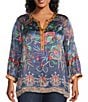 John Mark Plus Size Multi Mixed Floral Button Up Y-Neck 3/4 Sleeve Tunic, Color:Floral Multi - Image 1