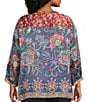 John Mark Plus Size Multi Mixed Floral Button Up Y-Neck 3/4 Sleeve Tunic, Color:Floral Multi - Image 2