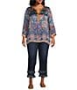 John Mark Plus Size Multi Mixed Floral Button Up Y-Neck 3/4 Sleeve Tunic, Color:Floral Multi - Image 5
