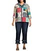 John Mark Plus Size Multi Print Patched Point Collar Long Roll-Tab Sleeve Button Front Tunic - Image 4