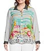 Color:White - Image 1 - Plus Size Novelty Mix Print Point Collar Button Front Long Roll-Tab Sleeve Tunic