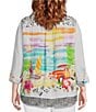 Color:White - Image 2 - Plus Size Novelty Mix Print Point Collar Button Front Long Roll-Tab Sleeve Tunic