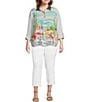 Color:White - Image 3 - Plus Size Novelty Mix Print Point Collar Button Front Long Roll-Tab Sleeve Tunic