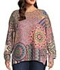 John Mark Plus Size Patchwork Print Crew Neck Long Sleeve Knit Sweater, Color:Multi - Image 1