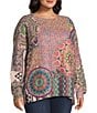 John Mark Plus Size Patchwork Print Crew Neck Long Sleeve Knit Sweater, Color:Multi - Image 3