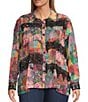 John Mark Plus Size Patchwork Print Point Collar Long Sleeve Button-Front Blouse, Color:Multi Pink - Image 1