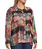 John Mark Plus Size Patchwork Print Point Collar Long Sleeve Button-Front Blouse, Color:Multi Pink - Image 3