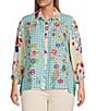 Color:Floral Garden - Image 1 - Plus Size Plaid Embroidered Floral Point Collar 3/4 Sleeve Button-Front Shirt