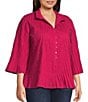 John Mark Plus Size Pleated Solid Wire Collar 3/4 Sleeve Button Front Shirt, Color:Magenta - Image 3