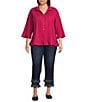 John Mark Plus Size Pleated Solid Wire Collar 3/4 Sleeve Button Front Shirt, Color:Magenta - Image 5