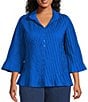 John Mark Plus Size Pleated Solid Wire Collar 3/4 Sleeve Button Front Shirt, Color:Royal - Image 1