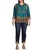 John Mark Plus Size Printed Point Collar 3/4 Roll-Tab Sleeve Button-Front Tunic, Color:Teal Print - Image 3