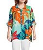 John Mark Plus Size Printed Wire Collar 3/4 Cinch Tie Sleeve Button Front Tunic, Color:Multi - Image 1