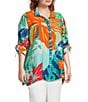 John Mark Plus Size Printed Wire Collar 3/4 Cinch Tie Sleeve Button Front Tunic, Color:Multi - Image 3