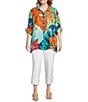 John Mark Plus Size Printed Wire Collar 3/4 Cinch Tie Sleeve Button Front Tunic, Color:Multi - Image 5