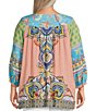 John Mark Plus Size Shirring Printed Scoop Neck 3/4 Sleeve Top, Color:Multi - Image 2