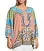 John Mark Plus Size Shirring Printed Scoop Neck 3/4 Sleeve Top, Color:Multi - Image 3