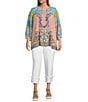 John Mark Plus Size Shirring Printed Scoop Neck 3/4 Sleeve Top, Color:Multi - Image 5